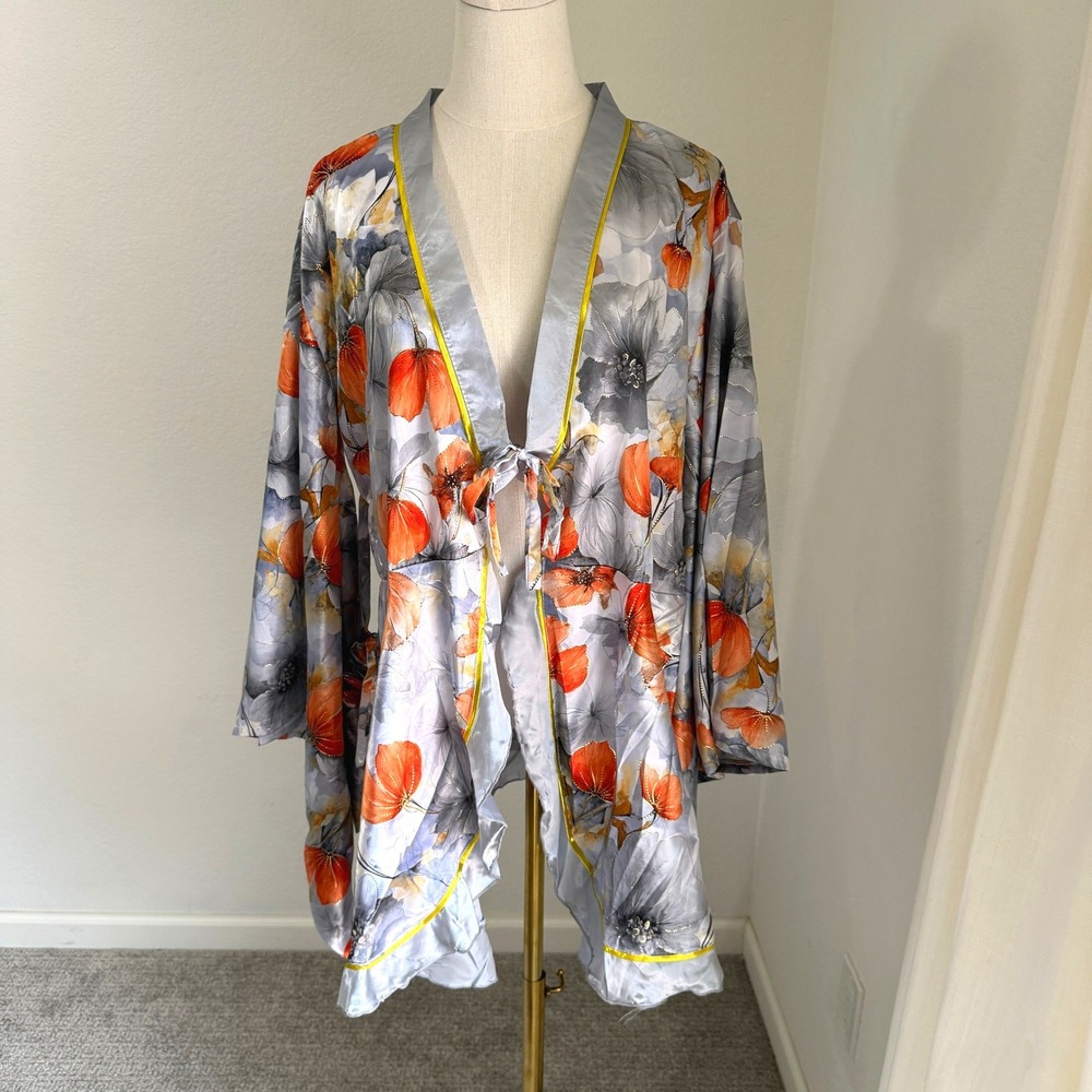 Floral Satin Kimono Robe Gold Watercolor Chinoiserie Peony Poppy Dressing Gown